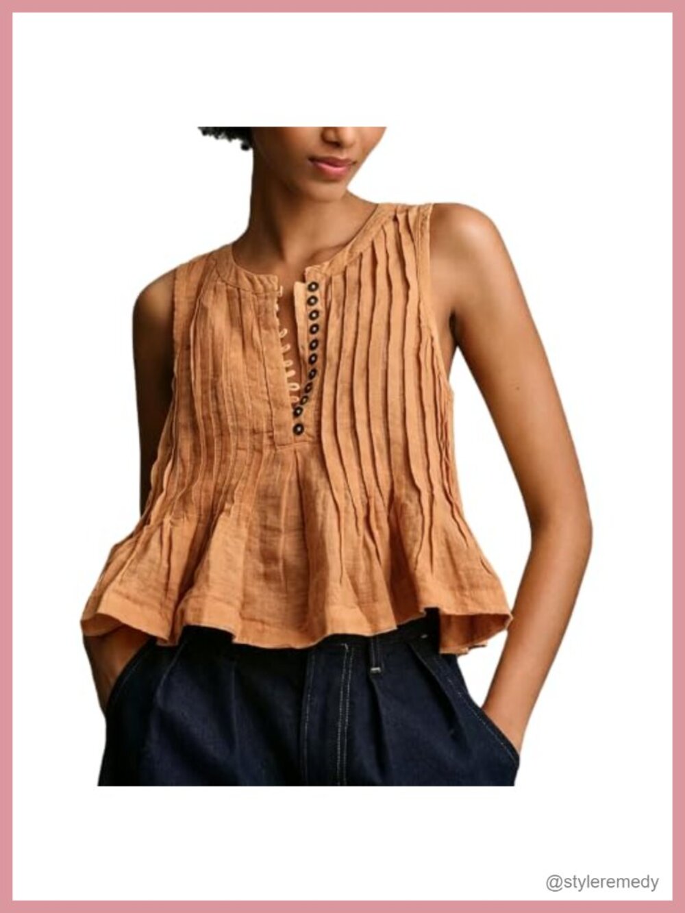 Womens Pleated Tank Top Henley Neck Sleeveless Ruffle Hem Summer Blouse